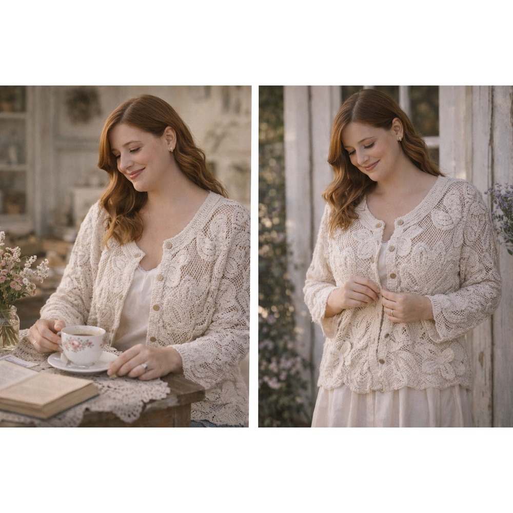 Handcrafted Crochet Floral Cardigan XL‎ | Cream Cottagecore Heirloom Knit